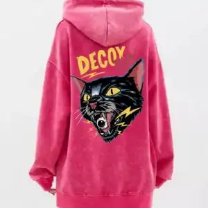 Fashion Womans Washed Hoodie Comic Horror Cat Print Streetwears Retro Oversize Cotton Pullovers Autumn Winter Couple Streetwear - Rose Red, L