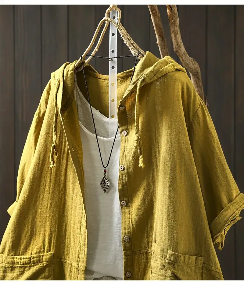 100% Cotton yarn hoodies for women summer Japan style hooded single-breasted solid shirts and blouse big size tops 7 kf S379ef93a72fe4fb186fadcd481424968L