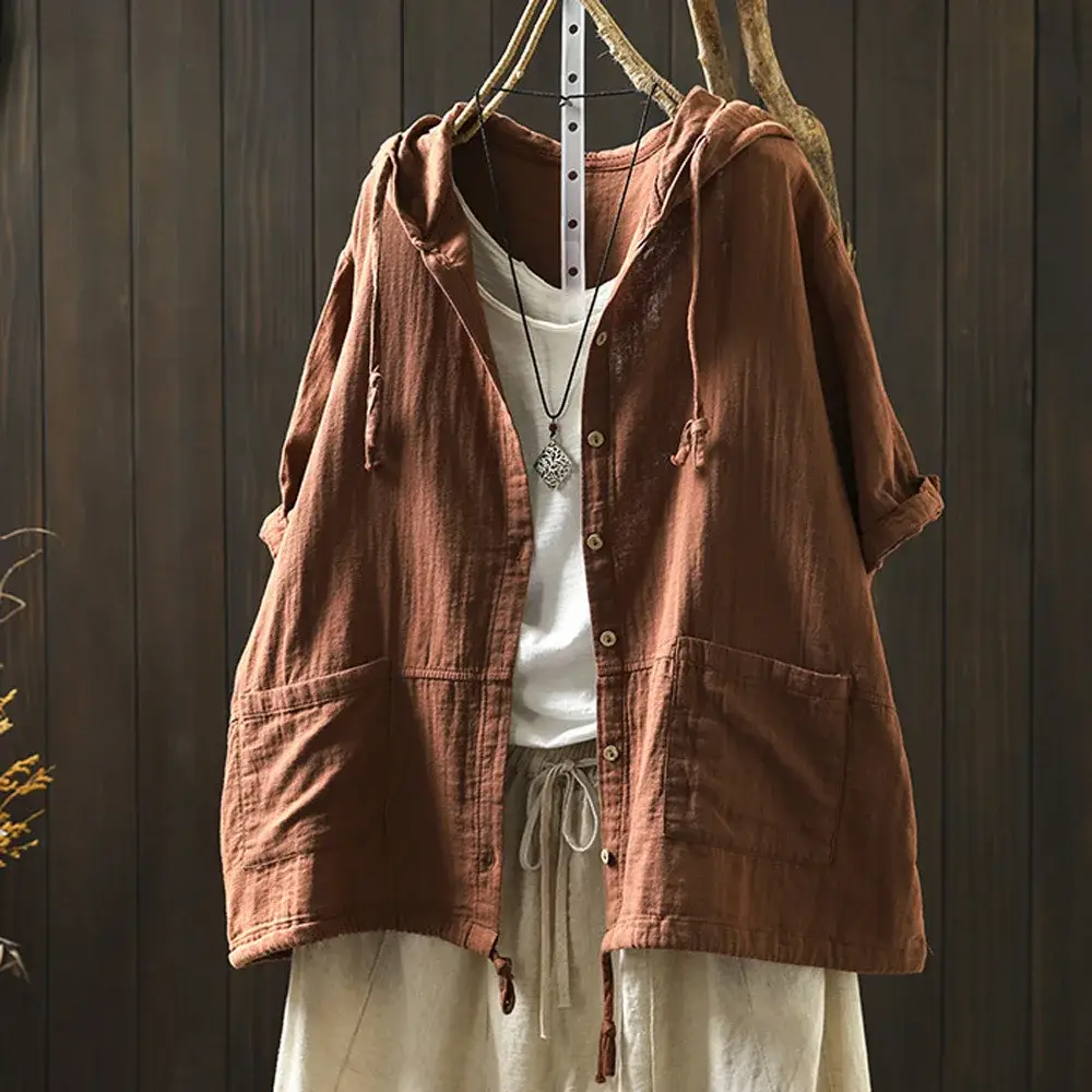 100% Cotton yarn hoodies for women summer Japan style hooded single-breasted solid shirts and blouse big size tops 5 kf Saccc2ccf10854c738a2a2ced19ef8986K